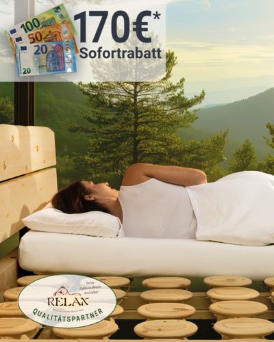 Relax Aktionsbild, Relax 2000 Tellerrost in Zirbe mit Naturlatexmatratze, Darauf liegt eine Frau