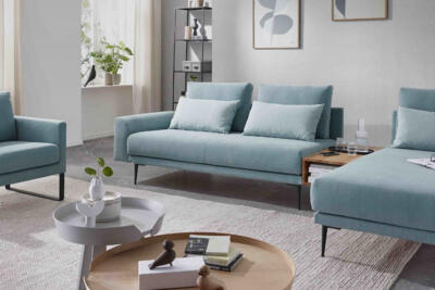 Wolkenweich Modulsofa Milla in hellblau, Wohnlandschaft, Ecksofa mit Sessel, Wolkenweich Sessel Puro